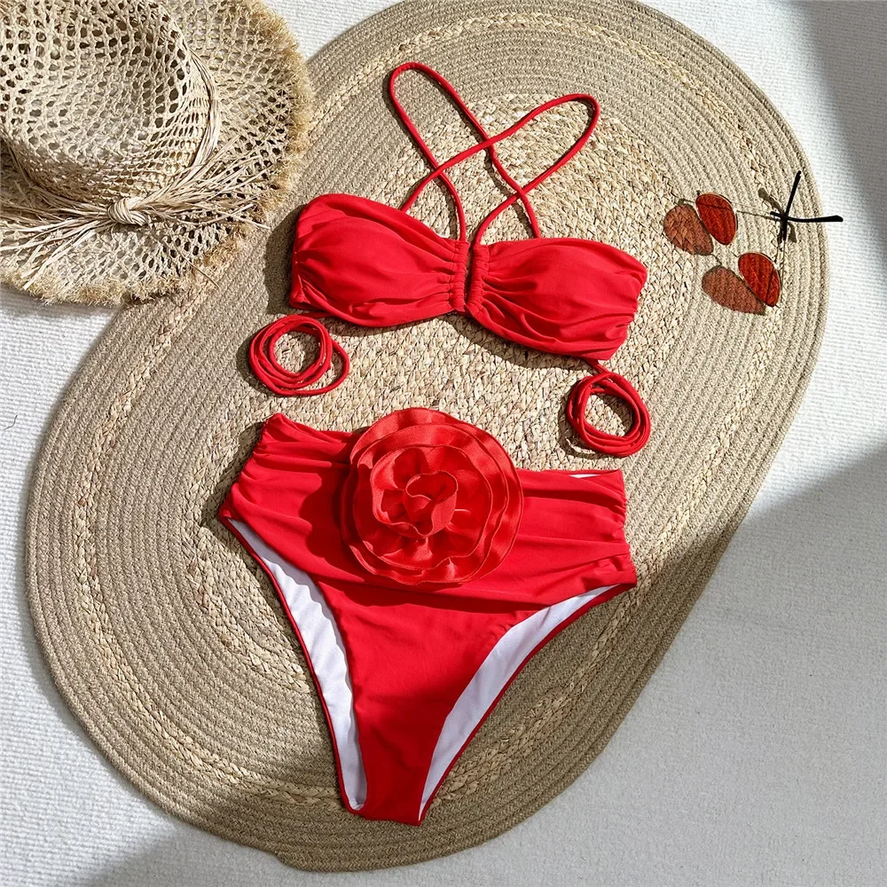 Swimsuit Bikini Ruched - Sexy rouge 3D fleur maillots de
