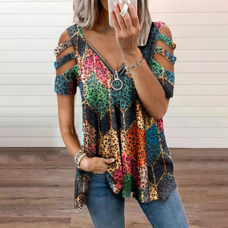 Blouse Off Shoulder - Chemisier imprimé léopard à fermeture éclair