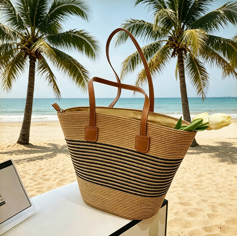 Tote Bag Beach - CLAREGQI Sac fourre-tout en paille rayé